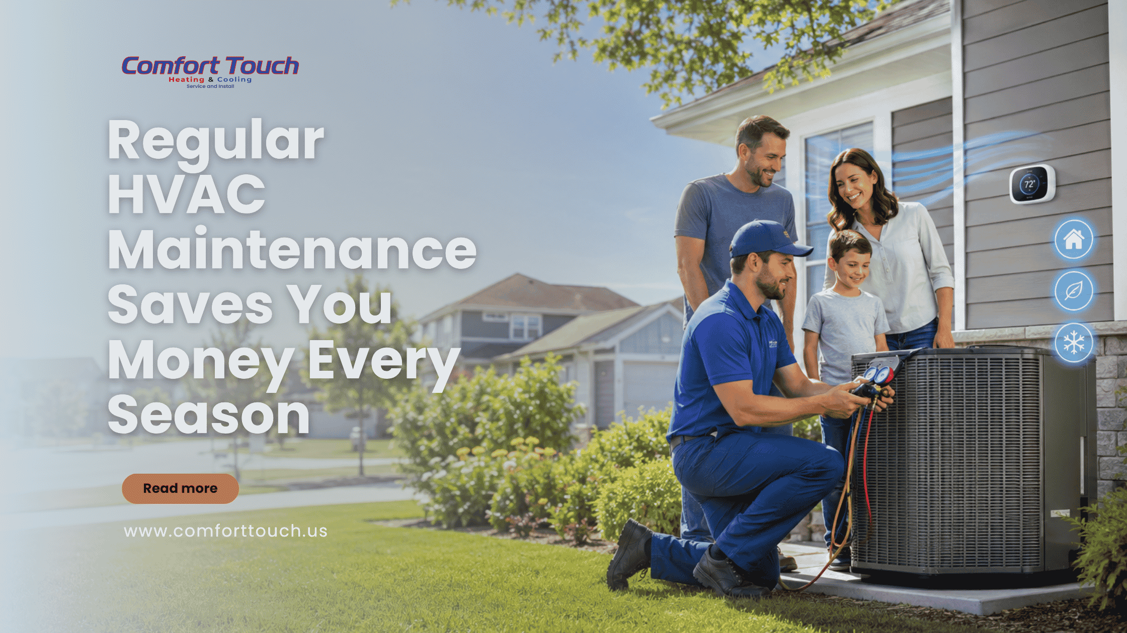 HVAC technician inspecting an outdoor air conditioning unit at a modern home in Rothschild, Wisconsin while discussing seasonal HVAC maintenance with a family to improve energy efficiency and indoor comfort.